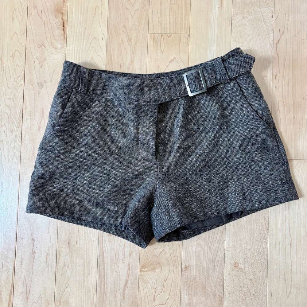 H&M Brown Tweed High Waist Lined Tailored Shorts with Belt